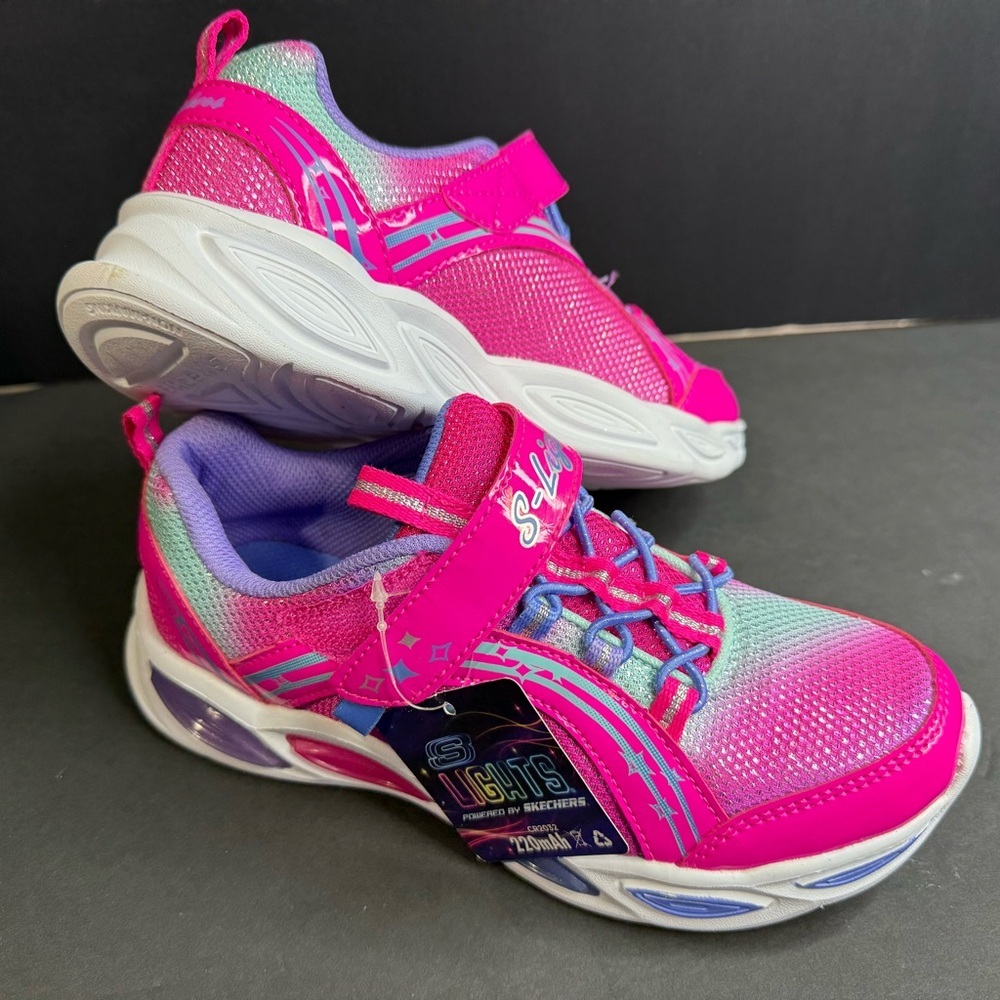 Skechers S-Lights Kids' Vibrant Pink and Purple light up Sneakers